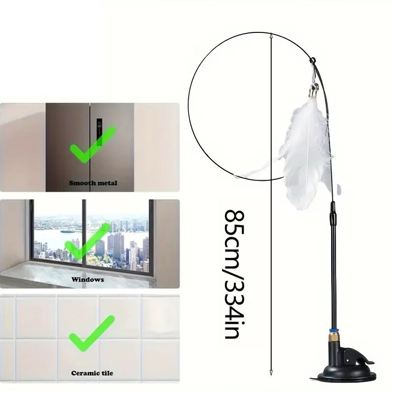 Long Suction Cup Pole Interactive Bell and Feather Wand Cat Teaser Toy